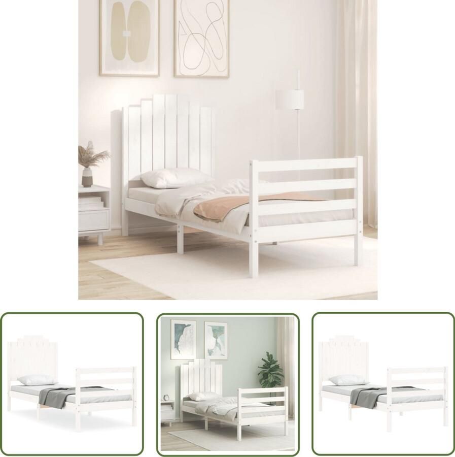 VidaXL Bedframe met hoofdbord massief hout wit Massief Houten Bedframe Wit Bedframe Enkelbed Frame Bedframe 75x190 Slaapcomfort