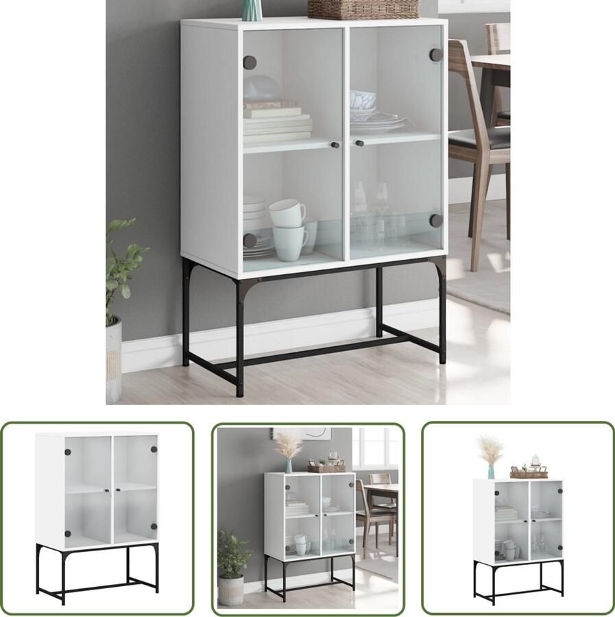 The Living Store Bijzetkast met glazen deuren 69x37x100 cm wit Klassieke Dressoir Witte Dressoir Houten Dressoir Opbergkast Vitrinekast