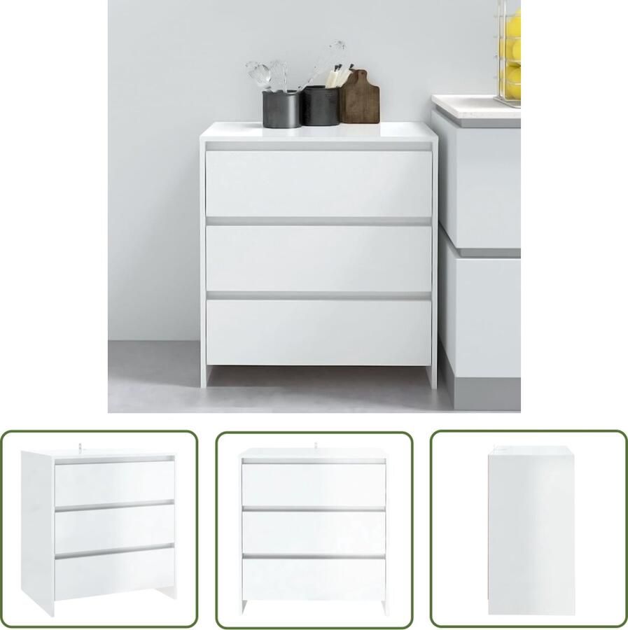 The Living Store Dressoir 70x41x75 cm bewerkt hout hoogglans wit Dressoir Minimalistische Kast Bijzetkast Witte Dressoir Opbergkast