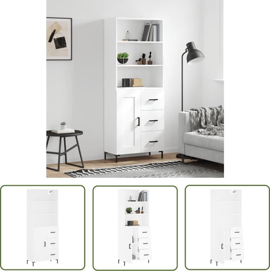 The Living Store Hoge kast 69 5x34x180 cm bewerkt hout wit Hoge Kast Witte Kast Houten Kast Opbergkast Woonkamer Kast - Foto 3