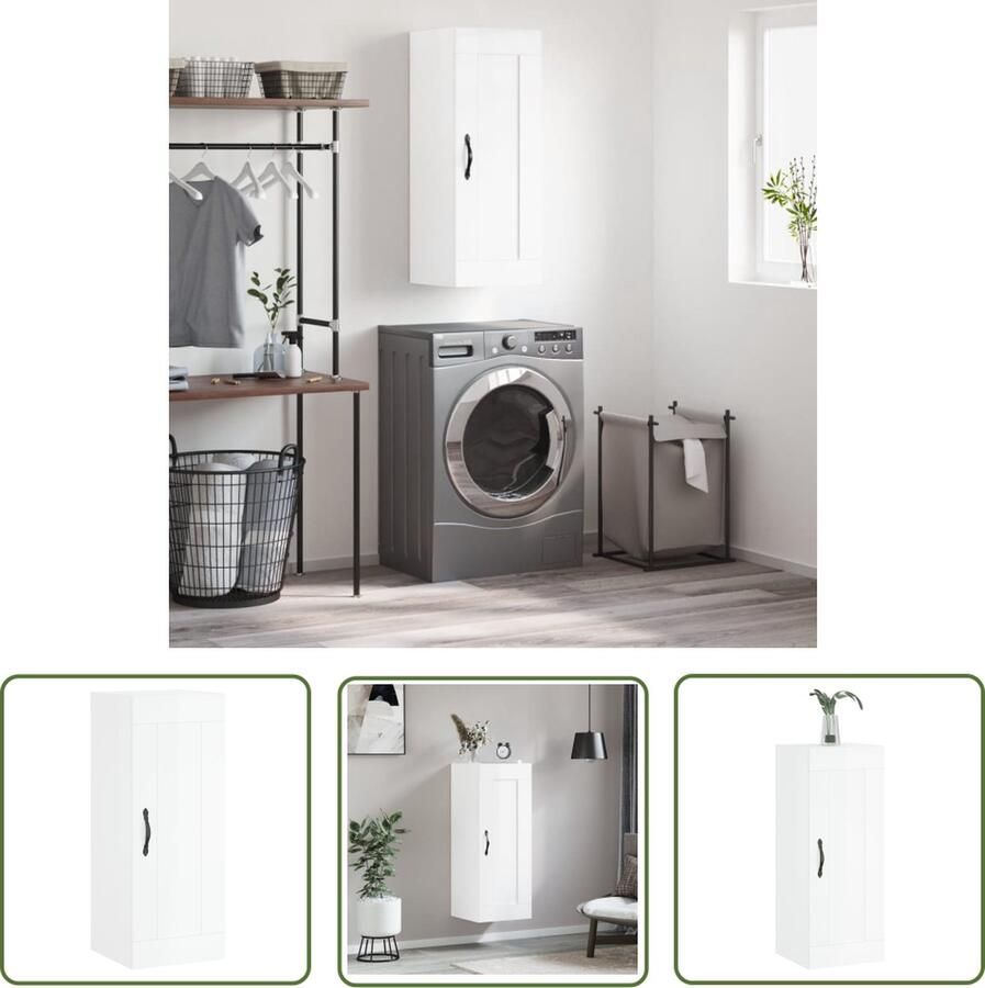 The Living Store Wandkast 34 5x34x90 cm bewerkt hout hoogglans wit Hangkast Opbergkast Wandkast Witte Kast Houten Kast