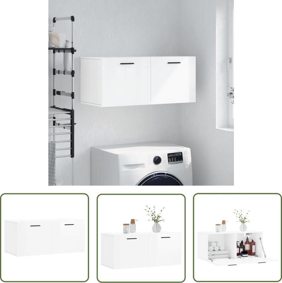 The Living Store Wandkast Wandgemonteerd Hoogglans wit 80 x 36.5 x 35 cm Wandkast Witte Kast Houten Kast Opbergkast Badkamerkast - Foto 4