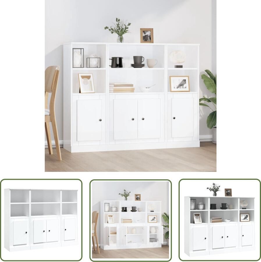 The Living Store Hoge kasten 3 st bewerkt hout hoogglans wit Hoge Kasten Witte Kast Houten Kast Badkamermeubilair Slaapkamerinrichting