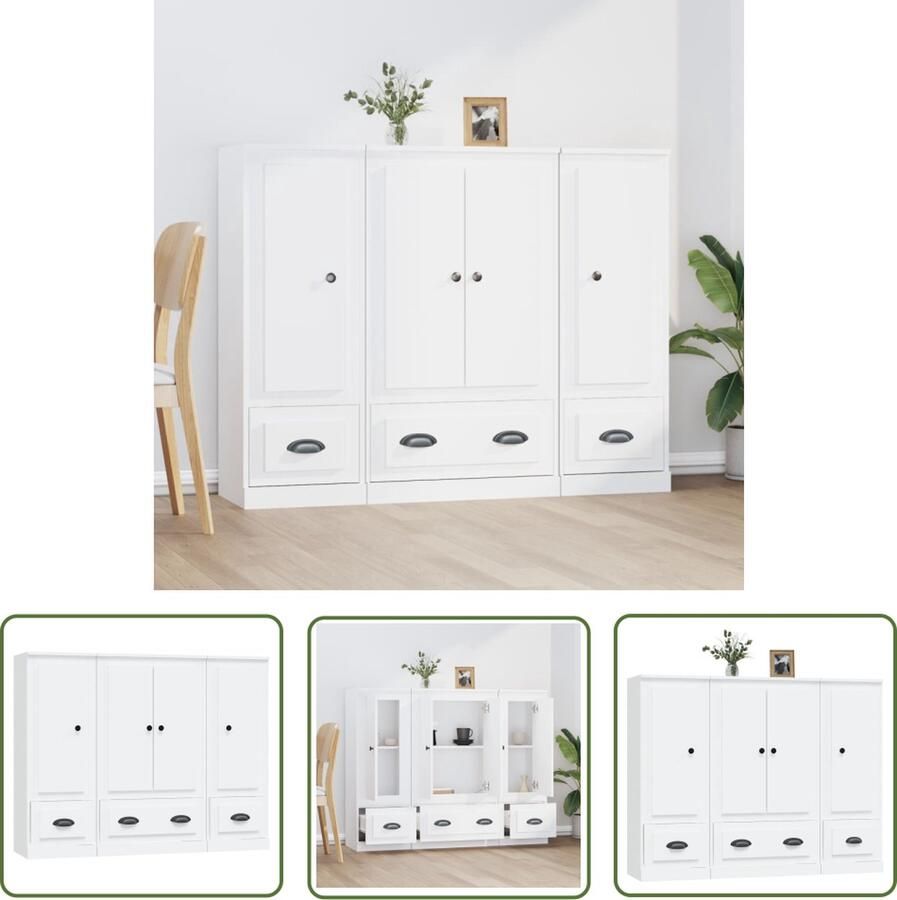 The Living Store Hoge kasten 3 st bewerkt hout wit Hoge Kast Wit Kast Houten Kast Opslagoplossing Woonaccessoires