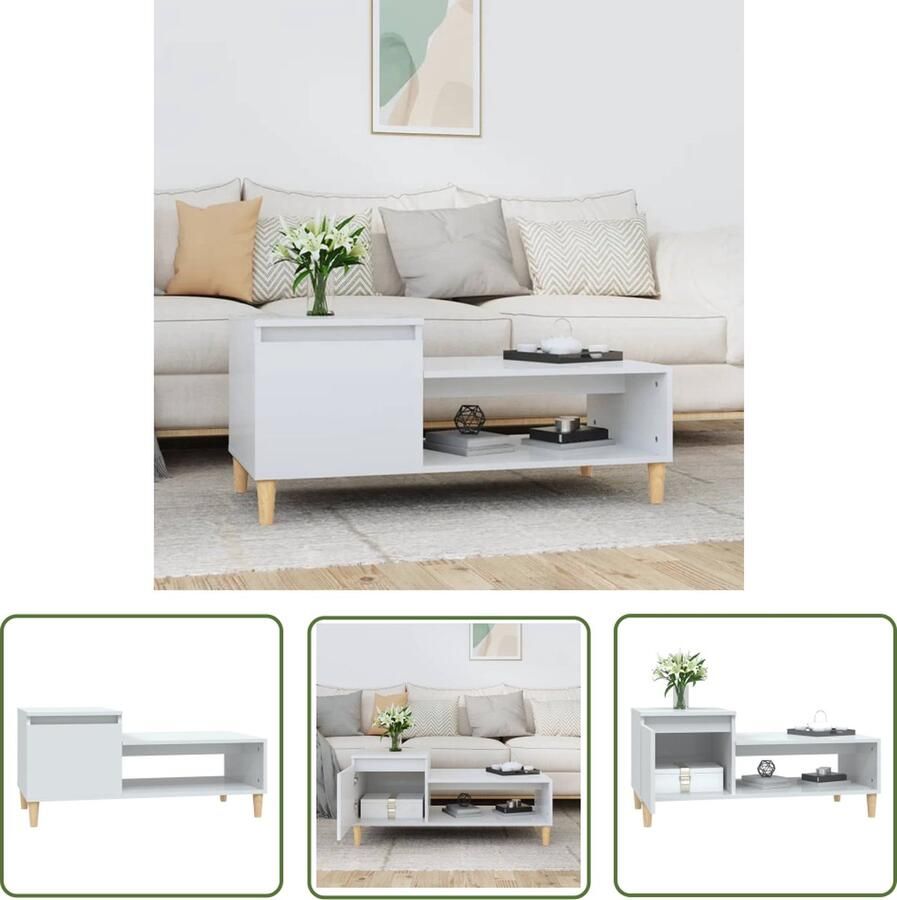 The Living Store Salontafel 100x50x45 cm bewerkt hout hoogglans wit Salontafel Witte Salontafel Houten Salontafel Bijzettafel Tv Tafeltje - Foto 2