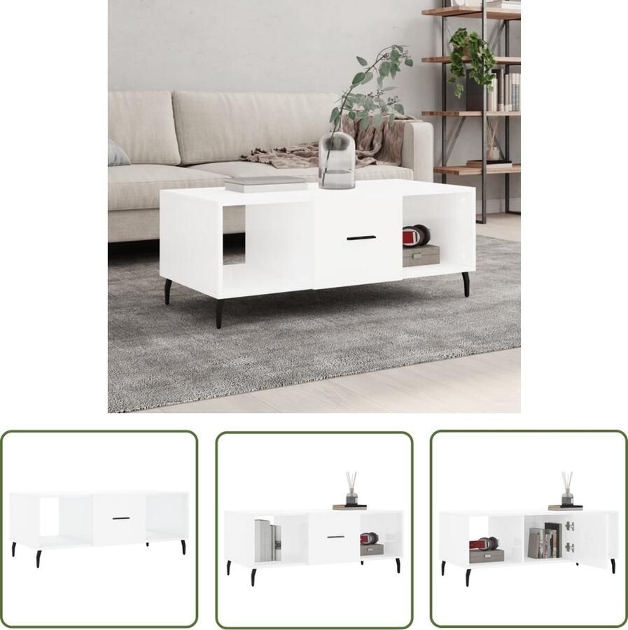 The Living Store Salontafel 102x50x40 cm bewerkt hout hoogglans wit Salontafel Witte Salontafel Houten Salontafel Bijzettafel Tv Tafeltje - Foto 2
