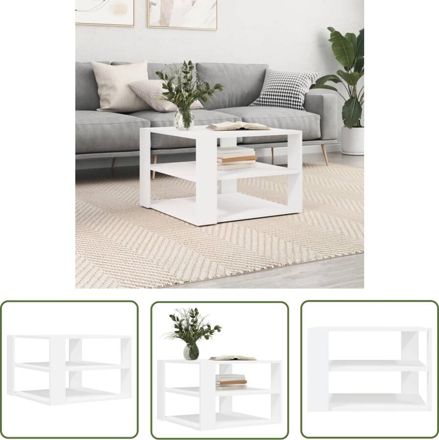 The Living Store Salontafel Wit Bewerkt hout 59.5 x 59.5 x 40 cm 3 schappen Salontafel Witte Salontafel Houten Salontafel Met Vakken Kleine Salontafel