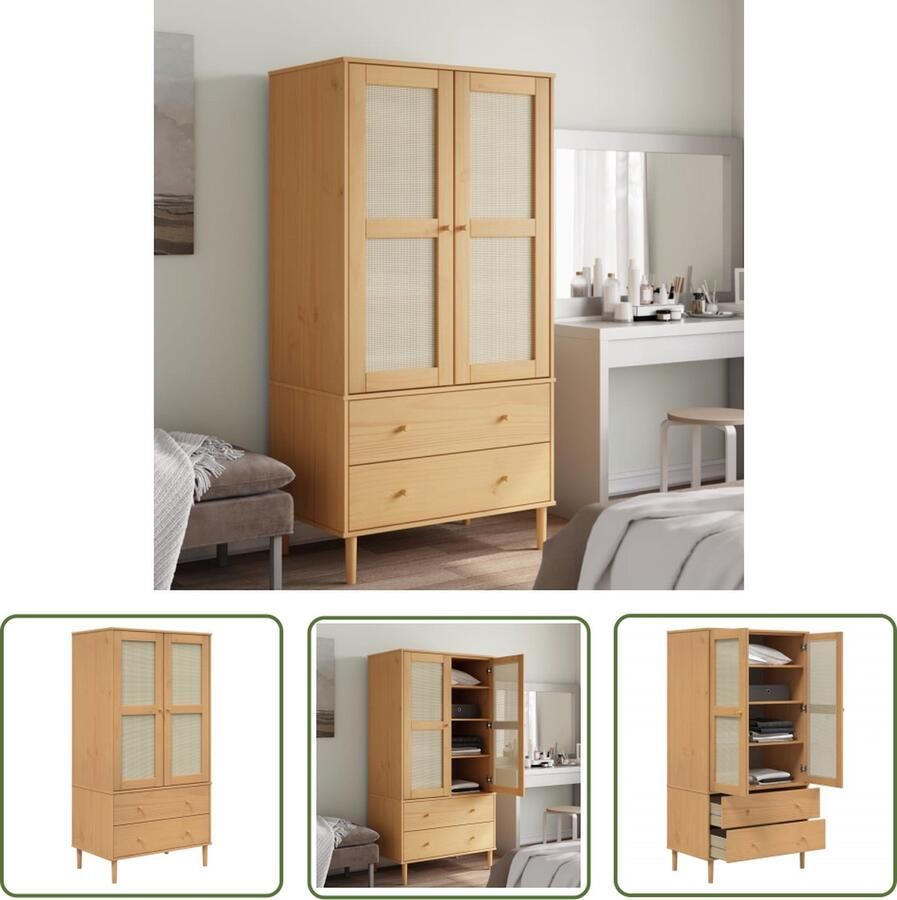 The Living Store SENJA Houten Kledingkast 90 x 55 x 175 cm Massief grenenhout UV-vernis Rattan uitstraling Kledingkast Wooden Wardrobe Garderobe Opslagoplossing Grenenhouten Kast