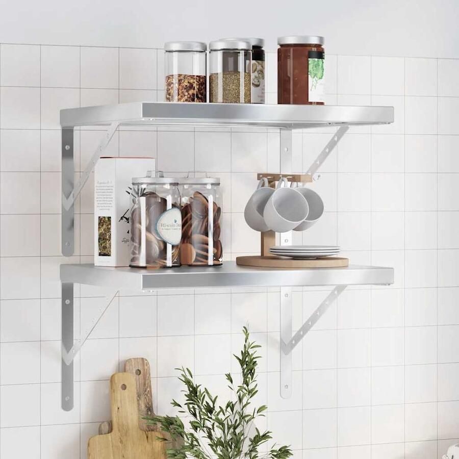 VidaXL Woonaccessoires Wanddecoratie Wandschappen 2 st 50x40 cm roestvrijstaal zilverkleurig Roestvaststalen Wandplanken Metalen Wandkasten Vintage Wandkast