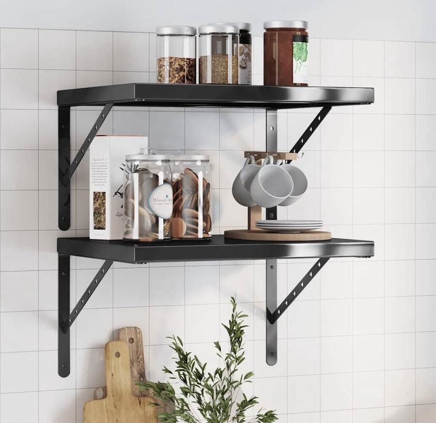 The Living Store Wandschappen 2 st 50x40x3 cm roestvrijstaal zwart Zwevende Wandschap Wandschapsysteem Wandplanken Roestvrijstalen Wanddecoratie Ruime Opslagoplossing