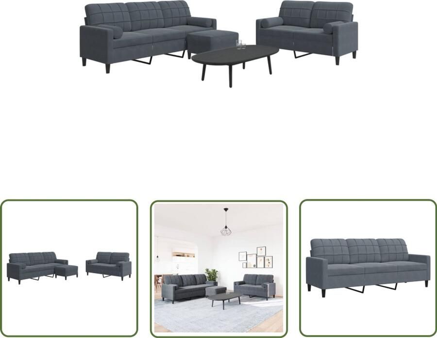 VidaXL Woonkamer Loungeset 3-delige Loungeset met kussens en bolsters fluweel donkergrijs Salontafel Design Meubel Fluweel Sofa