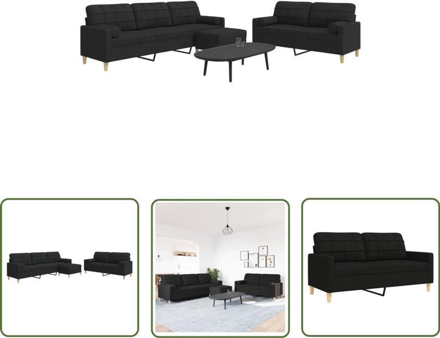 VidaXL Woonkamer Meubels Loungebank 3-delige Loungeset met voetenbank en kussens stof zwart Tuinset Lounge Set Buitenset