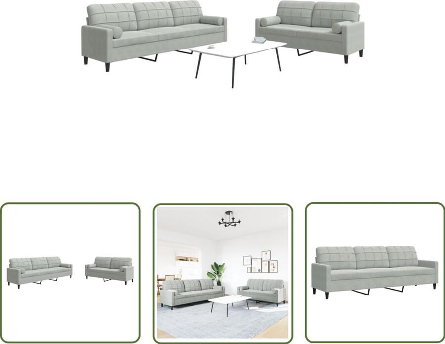 The Living Store 2-delige Loungeset met kussens en bolsters fluweel lichtgrijs Loungeset Woonkamer Meubels Velours Bank Twee Persoons Bank Drie Persoons Bank