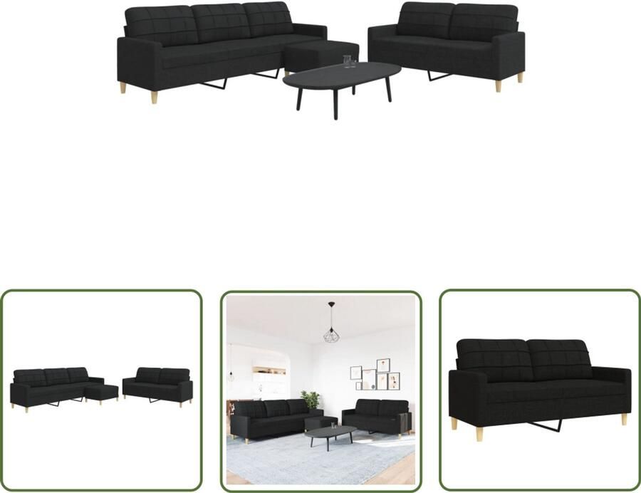 The Living Store 3-delige Loungeset met voetenbank stof zwart Loungeset Woonkamer Meubels Zitzitting Bankstellen Zwarte Bank