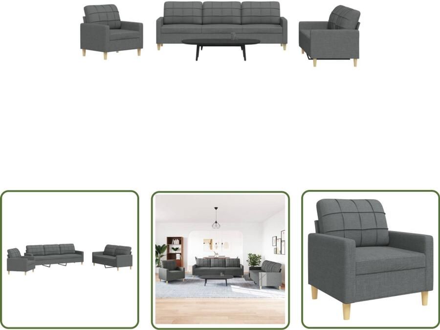 The Living Store 3-delige Loungeset stof donkergrijs Loungeset Woonkamer Meubels Bankstellen Velours Bank Donkere Bank