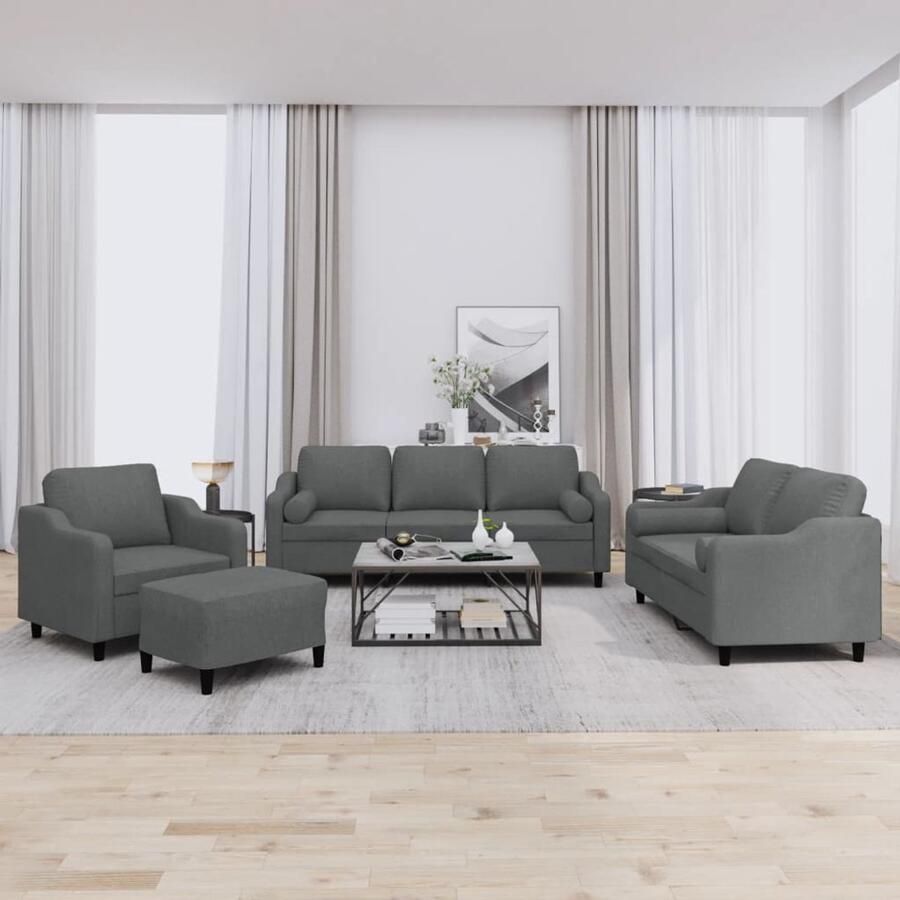 The Living Store 4-delige Loungeset met kussens stof donkergrijs Loungeset Woonkamer Meubels Bankstellen Fauteuils Grijs