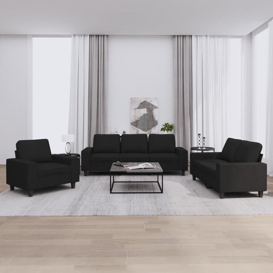 The Living Store 3-delige Loungeset stof zwart Loungebank Woonkamer Meubilair Zwarte Bank Stoffen Bank 2 Persoons Bank