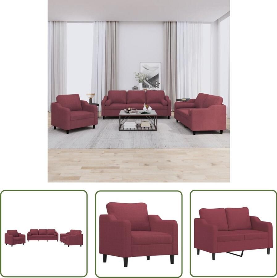 The Living Store 3-delige Loungeset met kussens stof wijnrood Loungeset Woonkamer Meubilair Lounge Stoffen Rode Bank 2 Persoons Bank