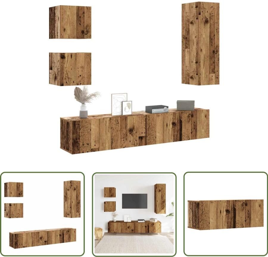 The Living Store 5-delig Tv-meubelset wandmontage bewerkt hout oud houtkleurig Tv Kast Woonkamer Meubilair Houten Tv Stand Media Kast Opbergkast
