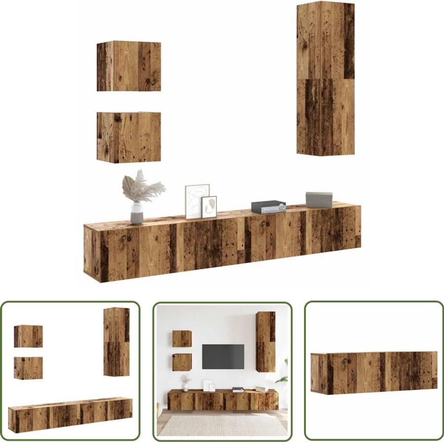 The Living Store 5-delig Tv-meubelset wandmontage bewerkt hout oud houtkleurig Tv Kast Woonkamer Meubilair Houten Tv Stand Vintage Tv Unit Media Kast