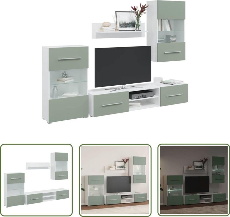 The Living Store 5-delige Tv-meubels met LED-verlichting bewerkt hout olijfgroen Tv Meubel Woonkamer Meubilair Houten Tv Stand Opbergkast Led Verlichting