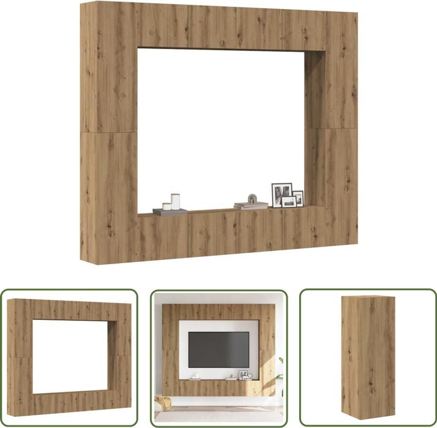 The Living Store 8-delig Tv-meubelset wandmontage bewerkt hout artisanaal eiken Tv-kast Woonkamerdecoratie Houten Tv-meubel Wandmontage Tv-meubel Media Kast