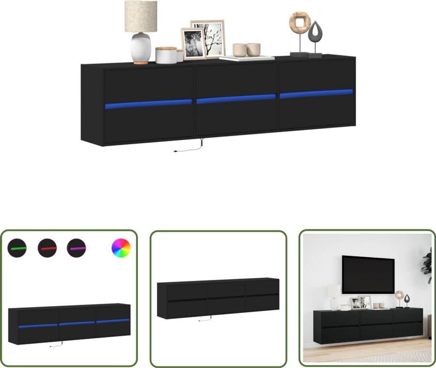 VidaXL Tv-wandmeubel met LED-verlichting 180x31x45 cm zwart Tv-meubel Woonkamerdecoratie Led-verlichting Opbergoplossing Houten Tv-standaard
