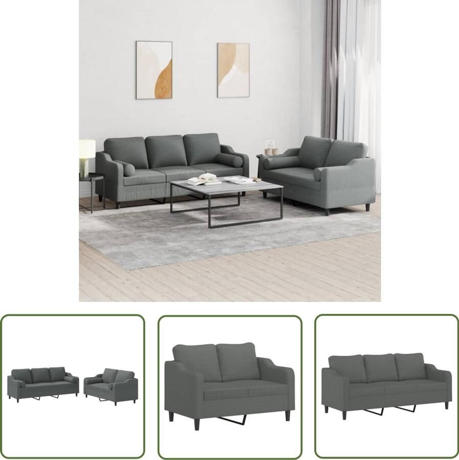 VidaXL 2-delige Loungeset met kussens stof donkergrijs Loungeset Woonkamerinrichting Stoffen Lounge Suite Grijze Sofa Comfortabele Bank