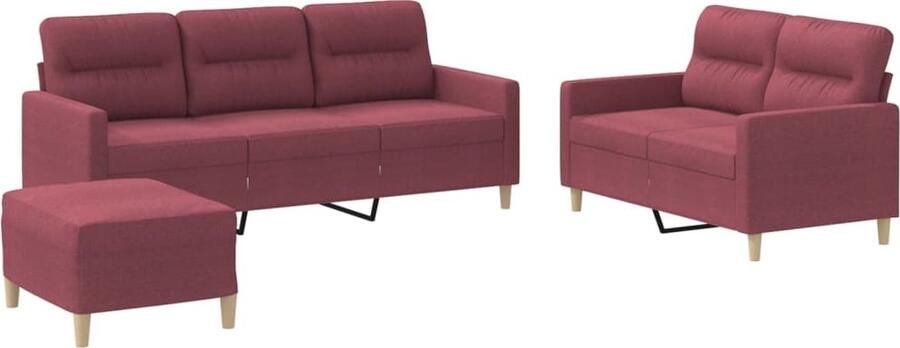 The Living Store Loungeset Wijnrood Stof Metaal Multiplex 2-zits en 3-zits bank Voetenbank Loungeset Woonkamerinrichting Bankstel Lounge Set Tuinmeubel