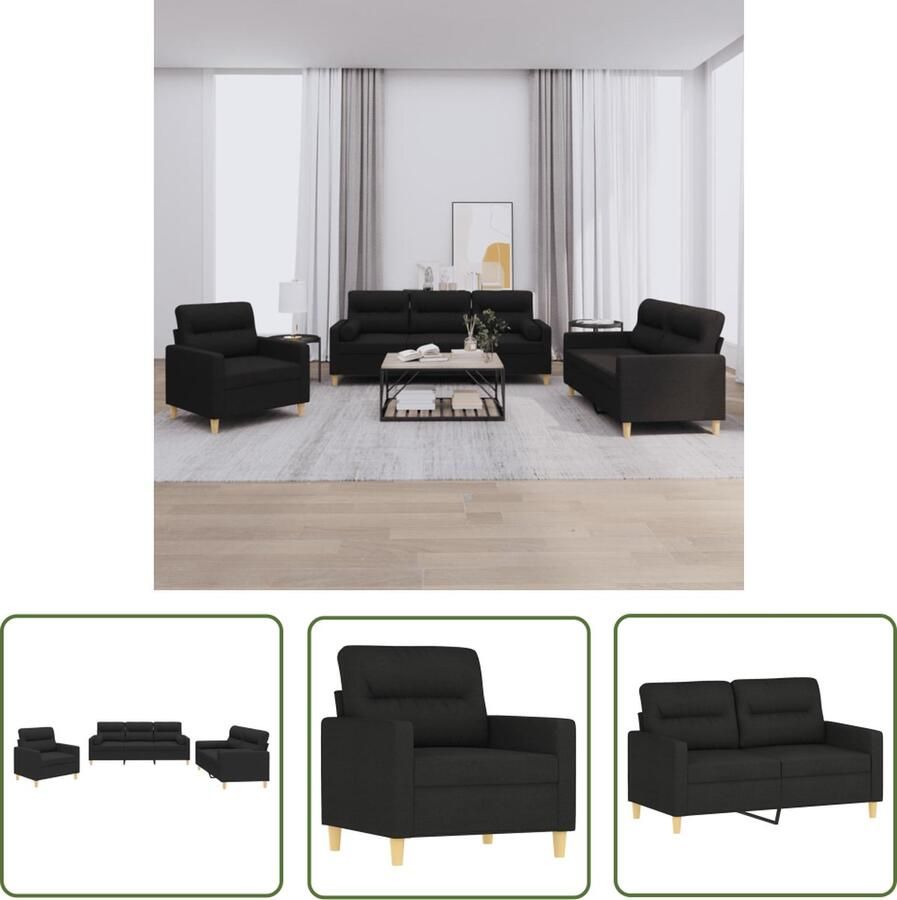 The Living Store 3-delige Loungeset met kussens stof zwart Loungeset Woonkamerinrichting Zwarte Lounge Suite Stoffen Bank Loungebank