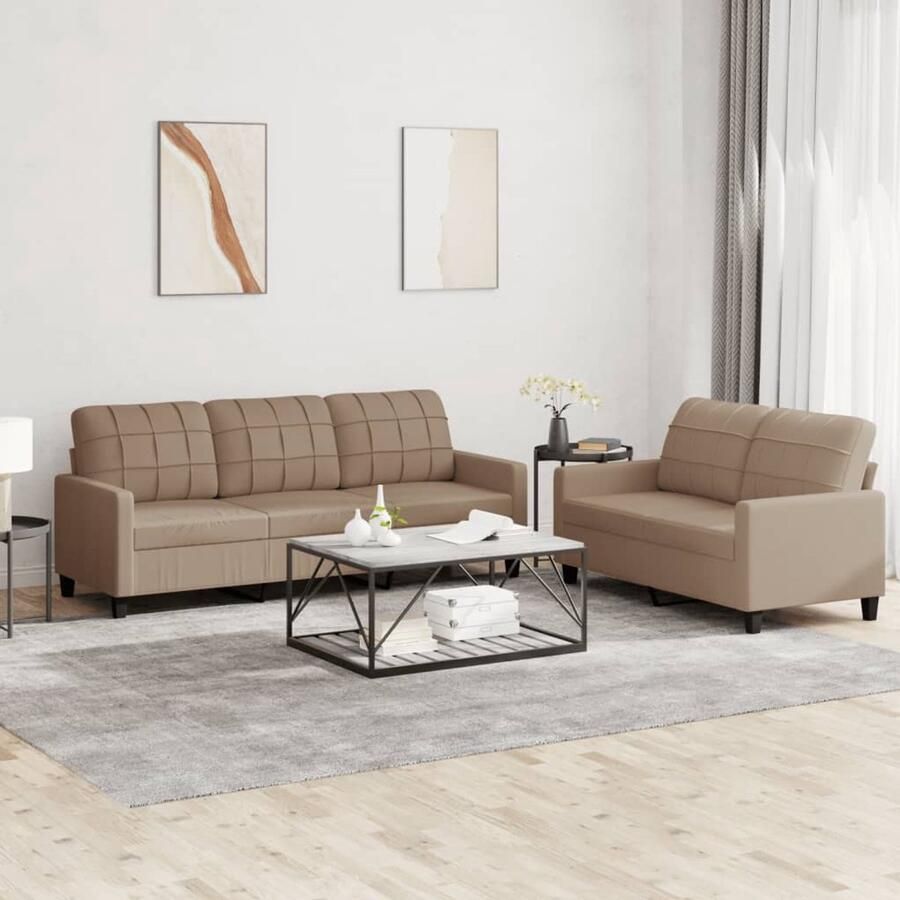 The Living Store Loungeset Cappuccino Kunstleer 2-zitsbank 138x77x80cm 3-zitsbank 198x77x80cm Loungeset Woonruimte Bankstellen Bruine Meubels Kunstleder Sofa