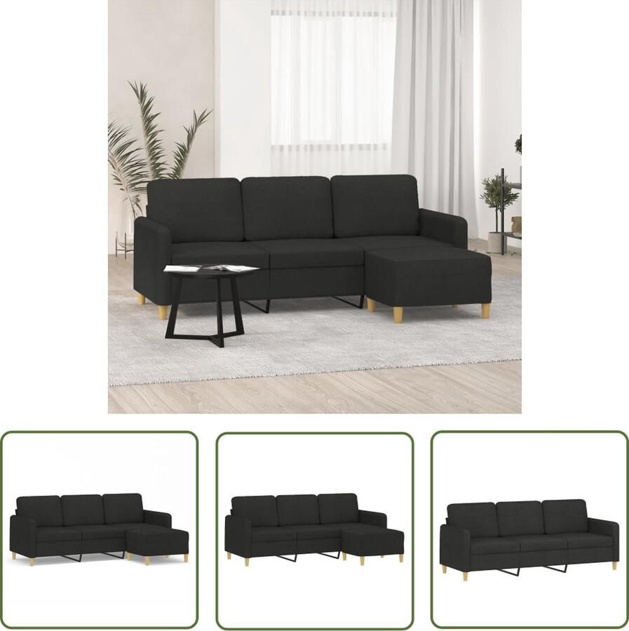 The Living Store Driezitsbank met voetenbank 180 cm stof zwart Drie Persoonsbank Zwarte Bank Bankstel Salontafel Lounge Meubels
