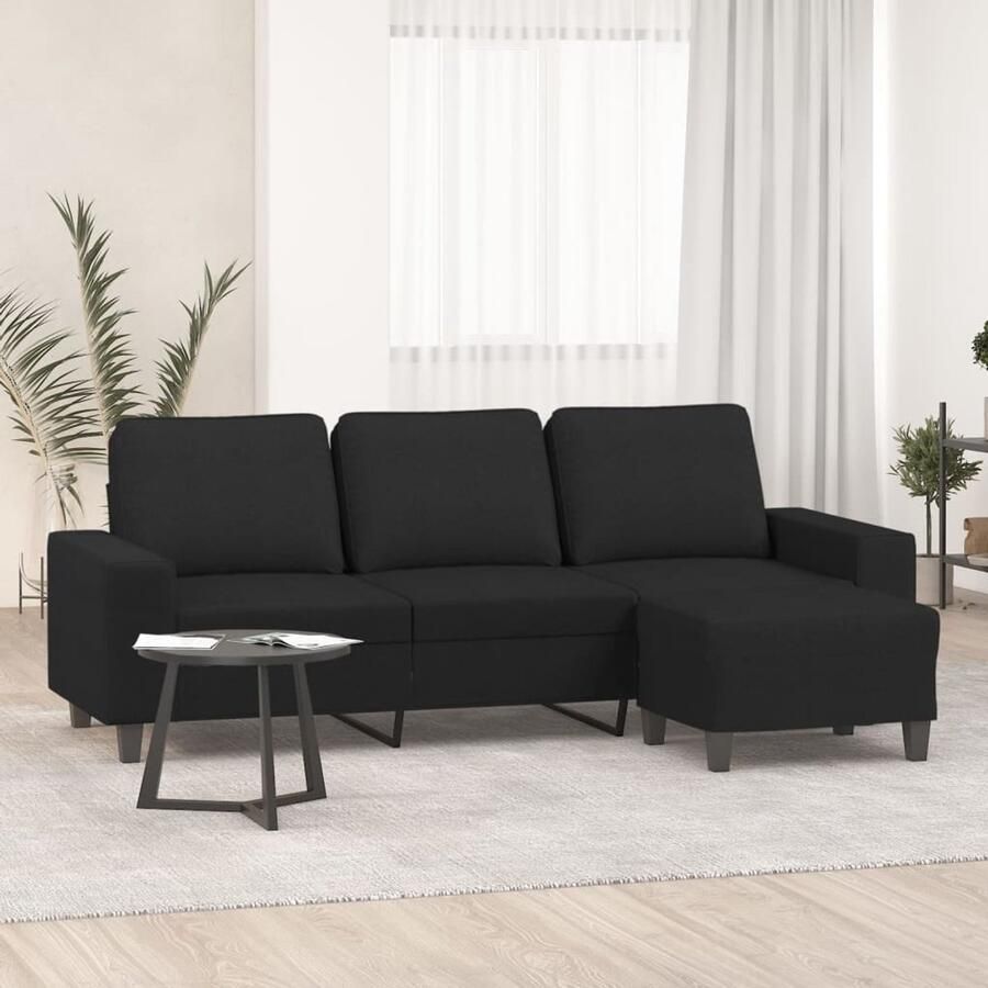 The Living Store Driezitsbank met voetenbank 180 cm stof zwart Drie Persoonsbank Zwarte Bank Bankstellen Salon Meubels Lounge Set