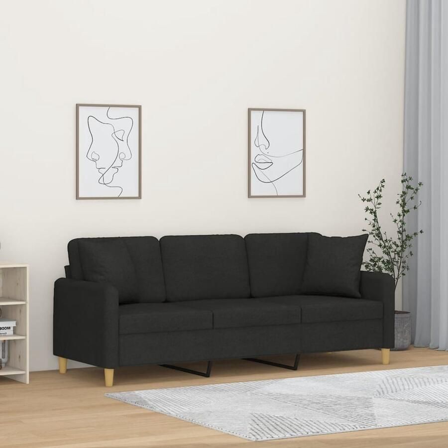 The Living Store Driezitsbank met sierkussens 180 cm stof zwart Drie Zits Bank Zwarte Bank Banksofa Lounge Sofa Comfortabele Bank
