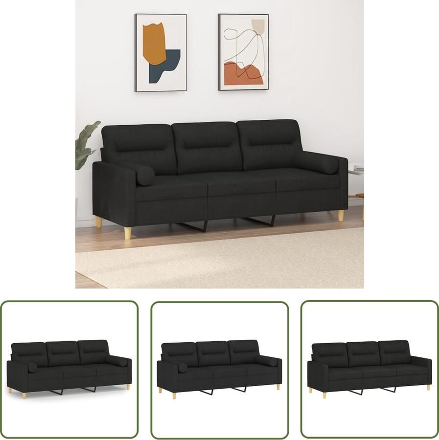 The Living Store Driezitsbank met sierkussens 180 cm stof zwart Drie Zits Bank Zwarte Bank Woonkamer Meubels Stoffen Bank Lounge Bank