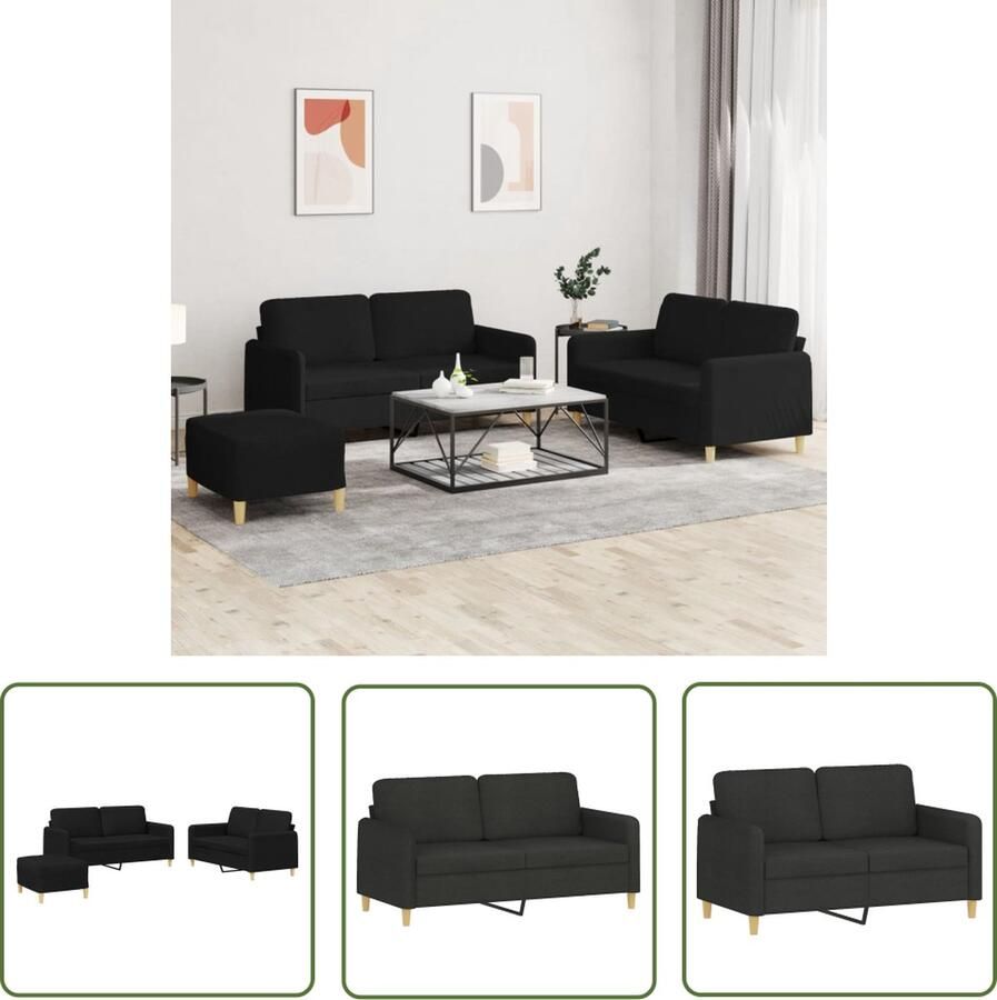 The Living Store 3-delige loungeset met kussens stof zwart Lounge Stoffen Bank Zwarte Bank 2 Persoons Bank Tv Bank Salon Meubels