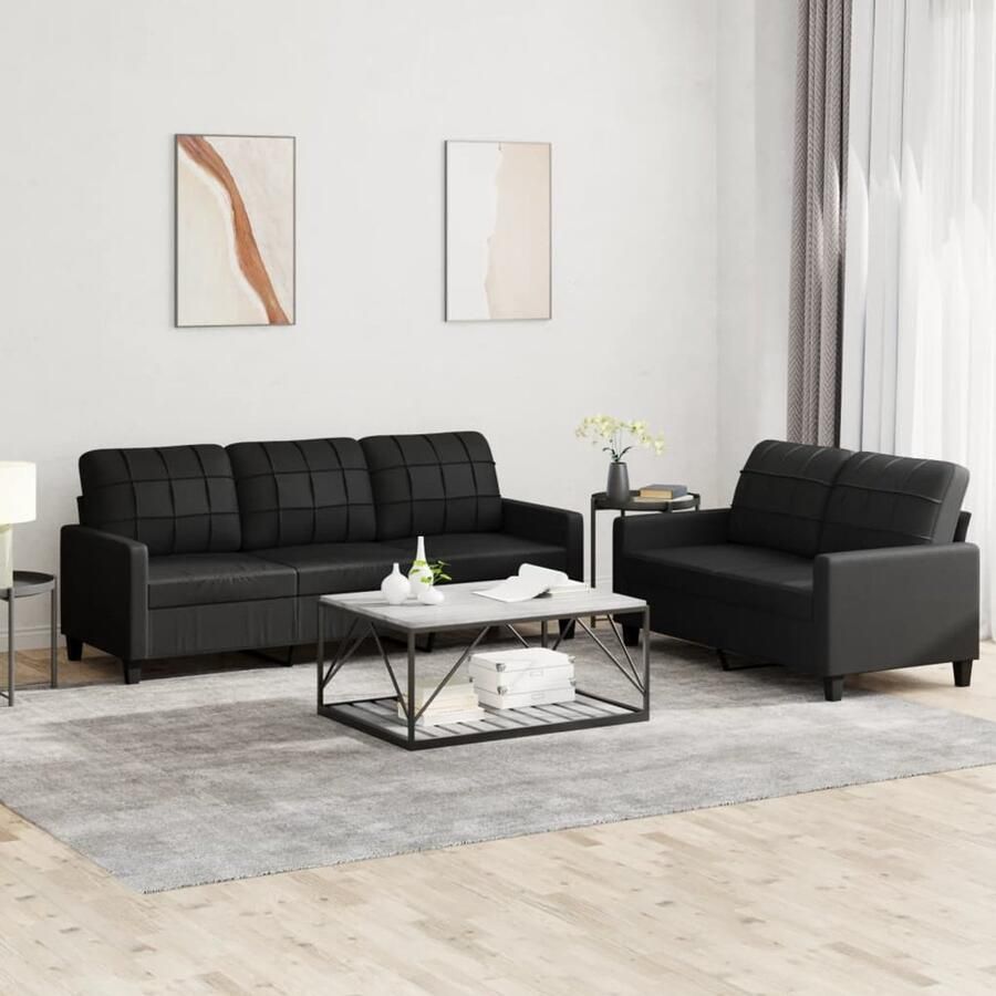 The Living Store Loungeset Modern Zwart Kunstleer 2- en 3-zitsbank 138x77x80 cm en 198x77x80 cm Loungeset Zwarte Bank Kunstleder Sofa Loungemeubel Zitzitting