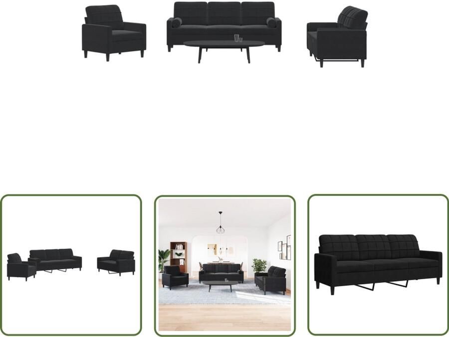 The Living Store 3-delige Loungeset met kussens en bolsters fluweel zwart Loungeset Zwarte Bank Velours Bank 3 Persoons Bank Salonset