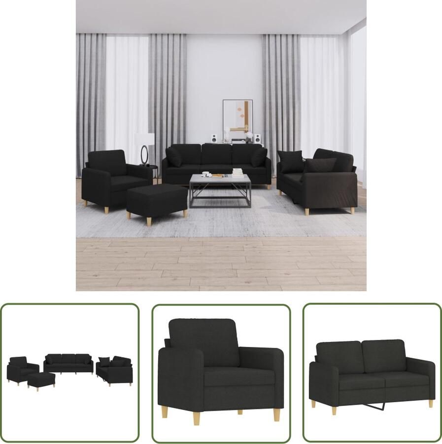 The Living Store 4-delige Loungeset met kussens stof zwart Loungeset Zwarte Bank Woonkamer Meubilair Fauteuils Bankstel