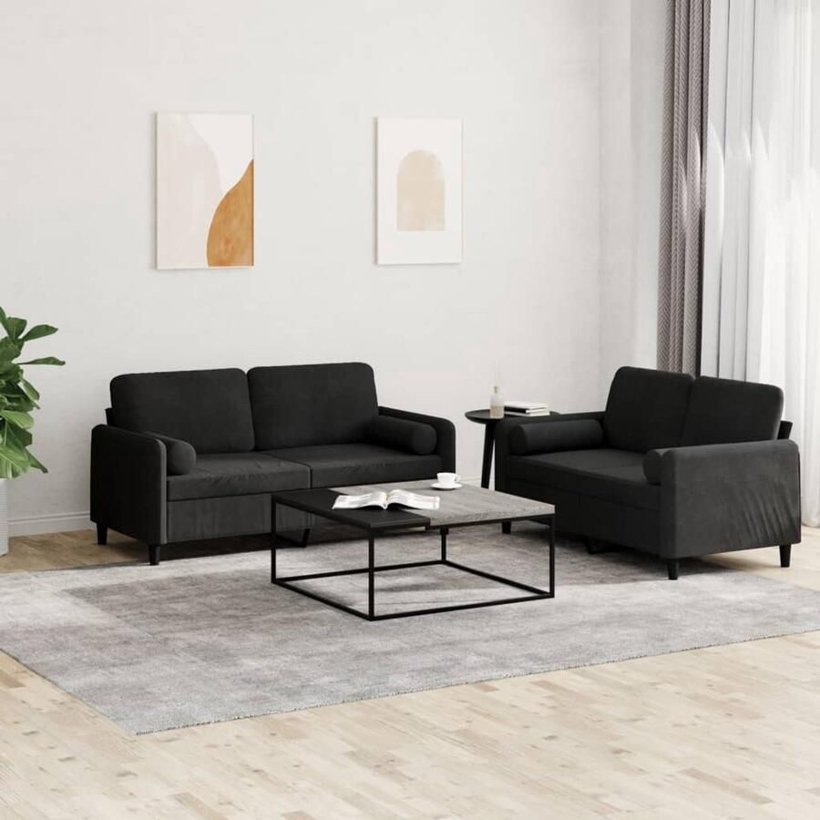 The Living Store Fluweel Bank 2-Zitsbank 140 x 77 x 80 cm Zwart Tweezitsbank Zwarte Bank Velvet Bank Lounge Set Bankstel