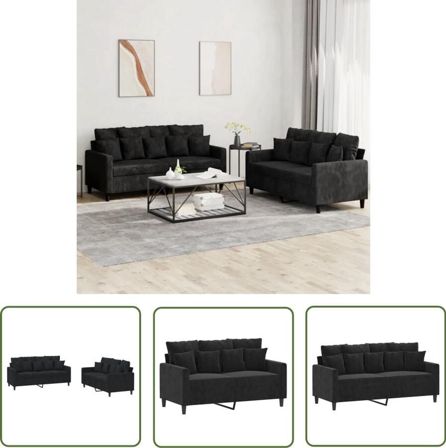 The Living Store 2-delige Loungeset met kussens fluweel zwart Velours Bank Zwarte Bank Lounge Set Zitzitting Comfort Bank