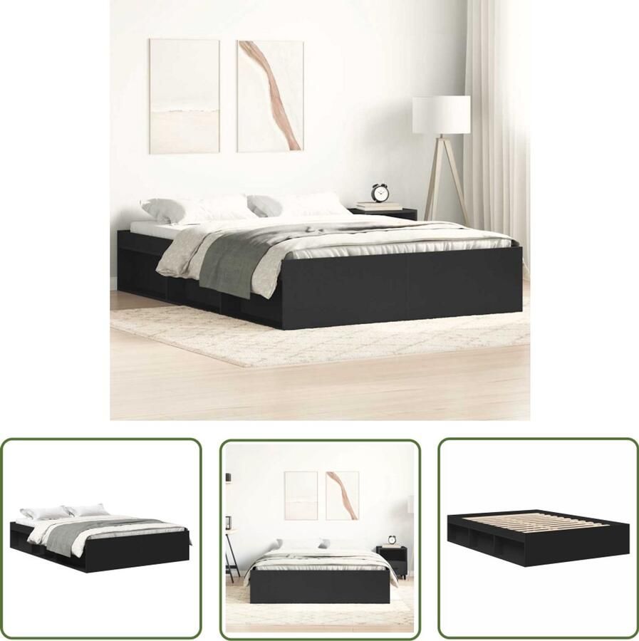 The Living Store Bedframe houten zwart 203 x 123 x 35 cm met opbergruimte Houten Bed Frame Zwarte Bedpost Tweepersoons Bed Boxspring Bed Modern Bed