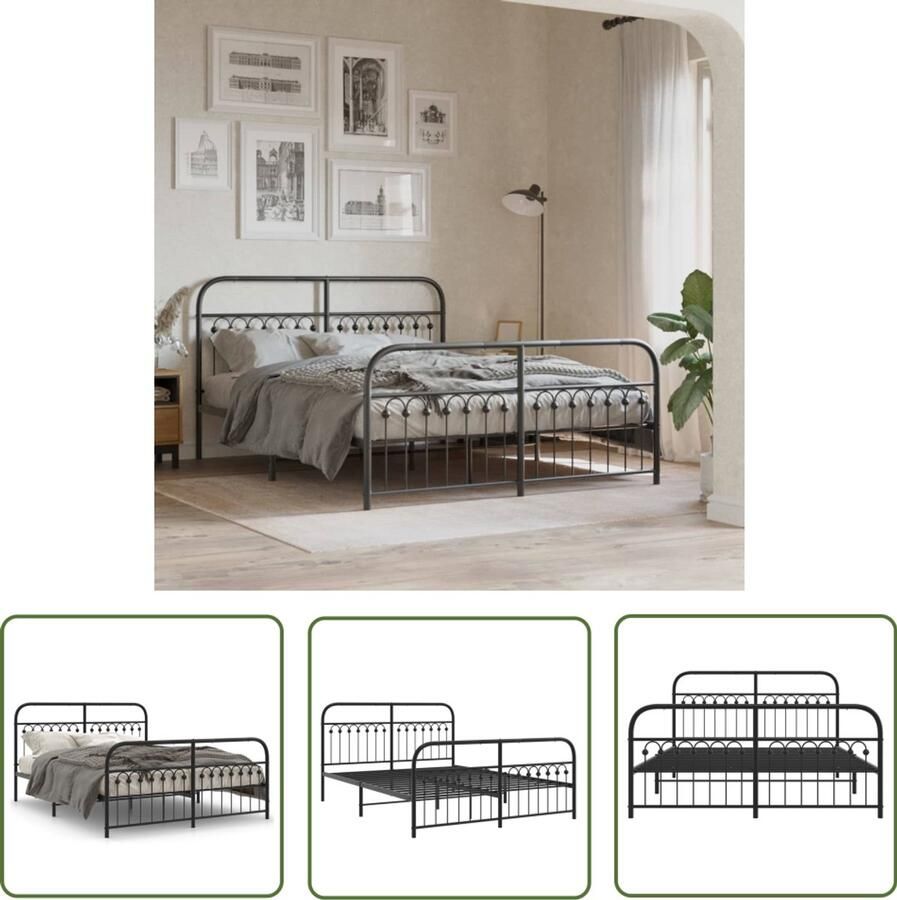 VidaXL Zwarte Bedpost Staal Bed Frame Bedframe met hoofd- en voeteneinde metaal zwart 150x200 cm Boxspring Bed Tweepersoons Bed King Size Bed