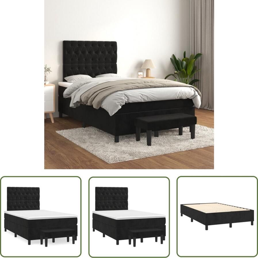 The Living Store Boxspringbed Zwart 203x120x118 128 cm Fluweel bekleding Verstelbaar hoofdbord Pocketvering matras Middelharde ondersteuning Huidvriendelijk topmatras
