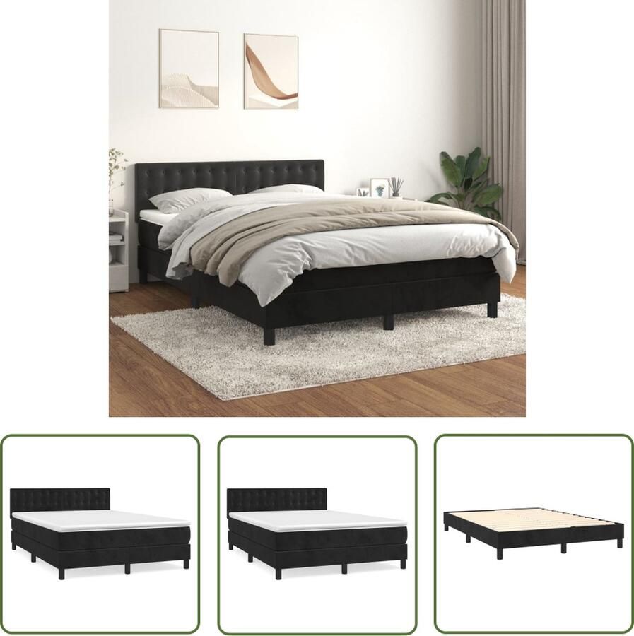 The Living Store Boxspringbed Zwart fluwelen bed met verstelbaar hoofdbord Pocketvering matras Middelharde ondersteuning Huidvriendelijk topmatras 193x144x78 88 cm