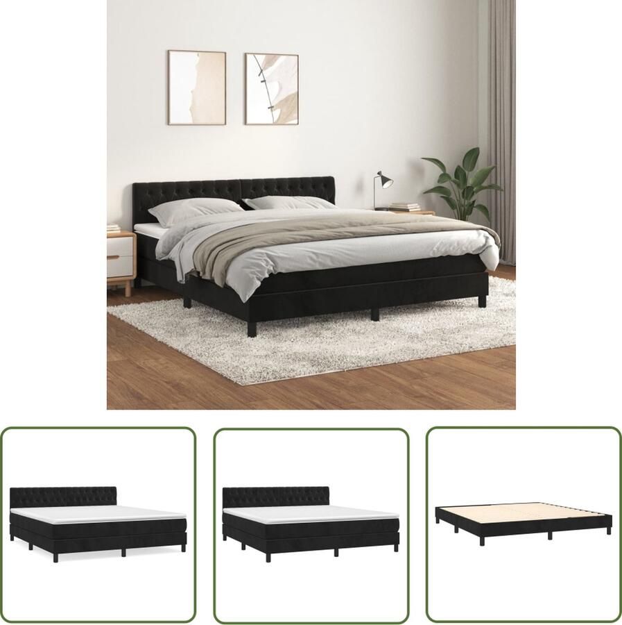 The Living Store Boxspringbed Zwart Stof 203x180x78 88 cm Fluweel Verstelbaar hoofdbord Pocketvering matras Middelharde ondersteuning Huidvriendelijk topmatras