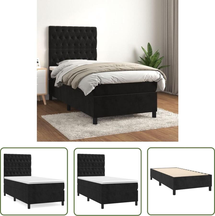 The Living Store Boxspringbed Zwart fluweel Pocketvering matras Middelharde ondersteuning Huidvriendelijk topmatras 193 x 93 x 78 88 cm Boxspringbed Zwarte Boxspring Velvet Boxspring Tweepersoons Bed King Size Bed - Foto 2