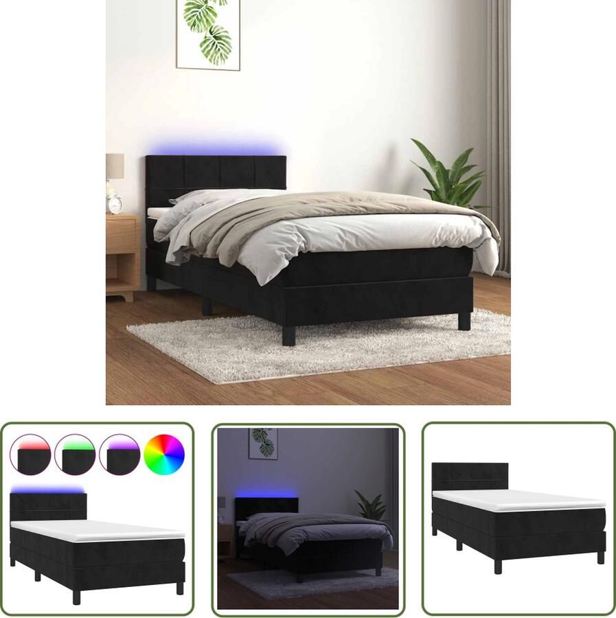 The Living Store Boxspring zwart fluweel 203 x 80 x 78 88 cm verstelbaar hoofdbord kleurrijke LED-verlichting pocketvering matras huidvriendelijk topmatras