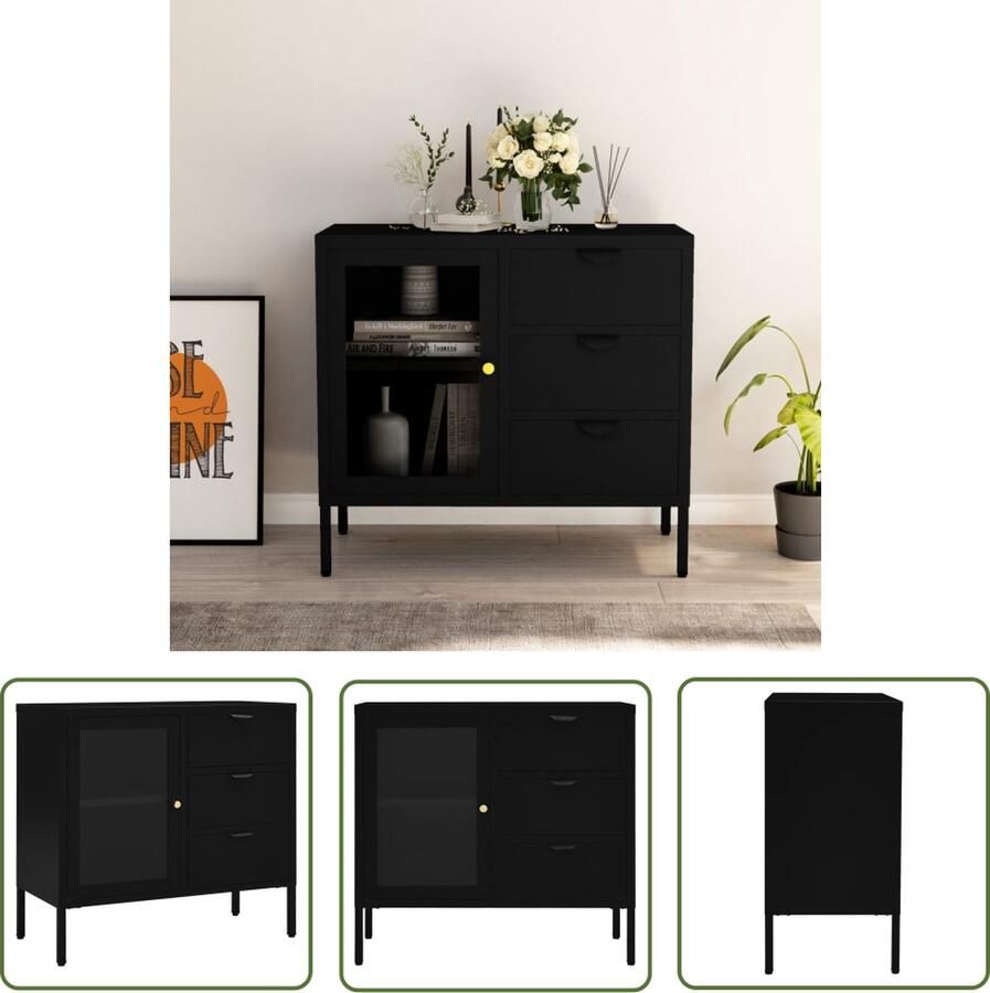 The Living Store Dressoir 75x35x70 cm staal en gehard glas zwart Dressoir Tv-meubel Opbergkast Zwarte Dressoirs Metalen Dressoirs