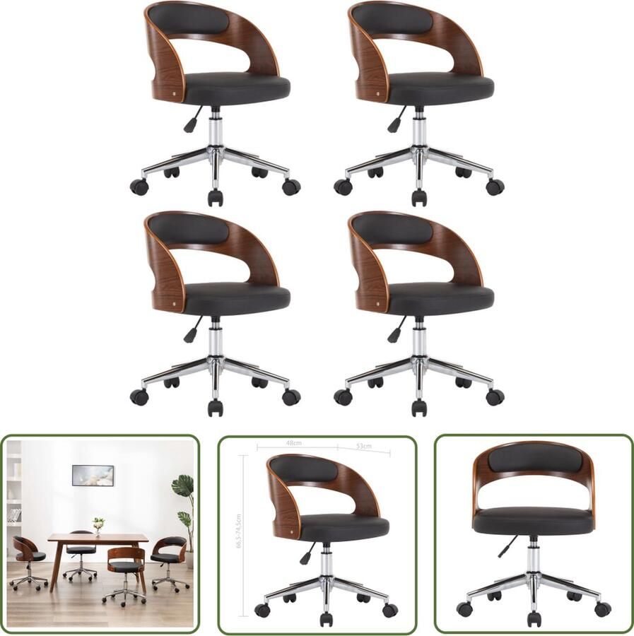 The Living Store Eetkamerstoelen 4 st draaibaar gebogen hout en kunstleer zwart Eetkamerstoel Zwarte Eetkamerstoel Kunstleder Eetkamerstoel Comfortabele Eetkamerstoel Modern Eetkamerstoel - Foto 2